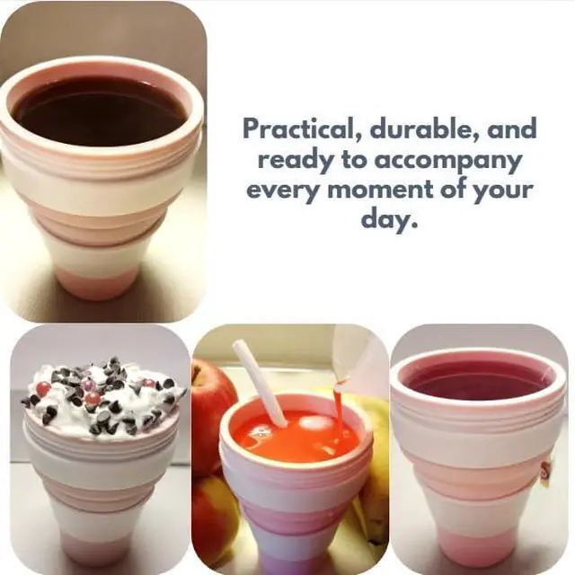 Alt view image 7 of 7 - Collapsible Silicone Cup 12 oz BPA Free Reusable Travel Cup with Lid & Straw Foldable Pocket Size for Hot & Cold Drinks Camping, Hiking, Office, Outdoor (Pink & White)