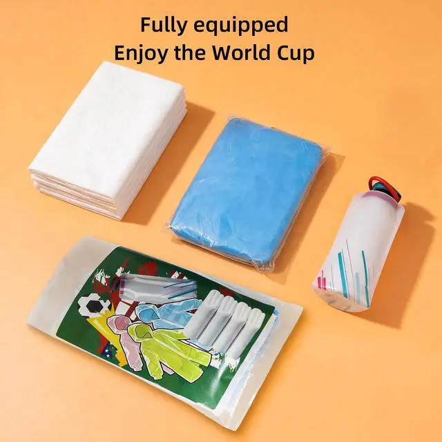 Alt view image 2 of 6 - Travel Essential Kit for Outdoor Enthusiasts | Disposable Bath Towel + Rain Poncho + Collapsible Silicone Water Bottle | Compact Set for Soccer Cup,Stadium Games, Camping, Hiking