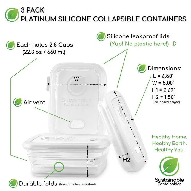 Alt view image 2 of 6 - Premium Silicone Collapsible Food Storage Containers with Silicone Leakproof Lids, BPA Free, LFGB Food-Grade Certified, Compact, Reusable Lunch Snack Box, Microwave Safe, 2.8 Cups 3 Pk