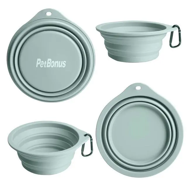 Alt view image 2 of 7 - Silicone Collapsible Dog Bowls, BPA Free Dishwasher Safe, Portable Foldable Expandable Travel Bowl, Food Water Feeding Cup Dish for Dogs Cats with 2 Carabiners (Turquoise, Tan)