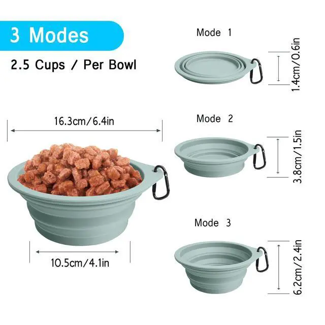 Alt view image 3 of 7 - Silicone Collapsible Dog Bowls, BPA Free Dishwasher Safe, Portable Foldable Expandable Travel Bowl, Food Water Feeding Cup Dish for Dogs Cats with 2 Carabiners (Turquoise, Tan)