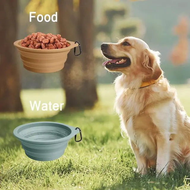 Alt view image 4 of 7 - Silicone Collapsible Dog Bowls, BPA Free Dishwasher Safe, Portable Foldable Expandable Travel Bowl, Food Water Feeding Cup Dish for Dogs Cats with 2 Carabiners (Turquoise, Tan)