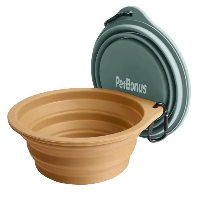 Alt view image 7 of 7 - Silicone Collapsible Dog Bowls, BPA Free Dishwasher Safe, Portable Foldable Expandable Travel Bowl, Food Water Feeding Cup Dish for Dogs Cats with 2 Carabiners (Turquoise, Tan)