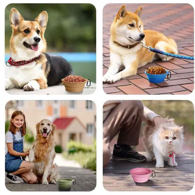 Alt view image 6 of 7 - Silicone Collapsible Dog Bowls, BPA Free Dishwasher Safe, Portable Foldable Expandable Travel Bowl, Food Water Feeding Cup Dish for Dogs Cats with 2 Carabiners (Turquoise, Tan)