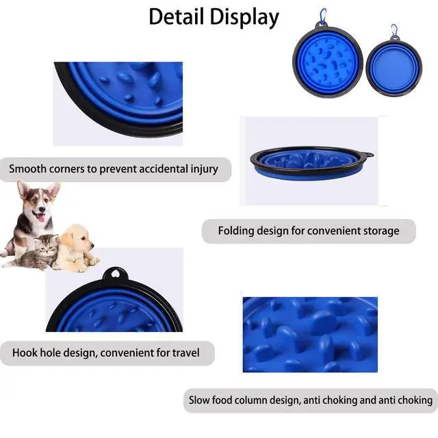 Alt view image 4 of 7 - Pet Blue Collapsible Bowl Double Set - Slow Feeder Anti-Choke Bowl + Outdoor Portable,Foldable Dog Drinking,Slow Speed,Food&Dog pet Folding,Convenient,Foldable Blue