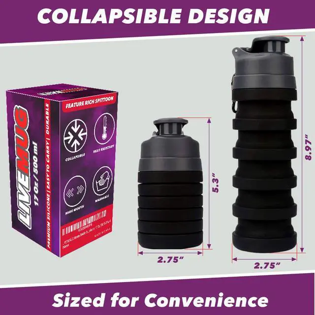 Alt view image 2 of 7 - Spittoon for Chewing Tobacco | Portable Spit Cup, Collapsible Silicone Dip Spitting Accessories | Spill Resistant Spitter Jug with Lid | Travel Spitune 17 Oz, Black (Black)