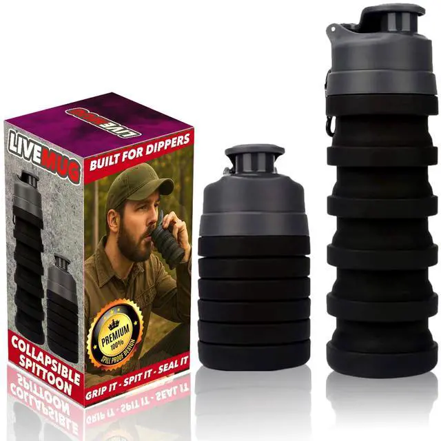 Main image of Spittoon for Chewing Tobacco | Portable Spit Cup, Collapsible Silicone Dip Spitting Accessories | Spill Resistant Spitter Jug with Lid | Travel Spitune 17 Oz, Black (Black)