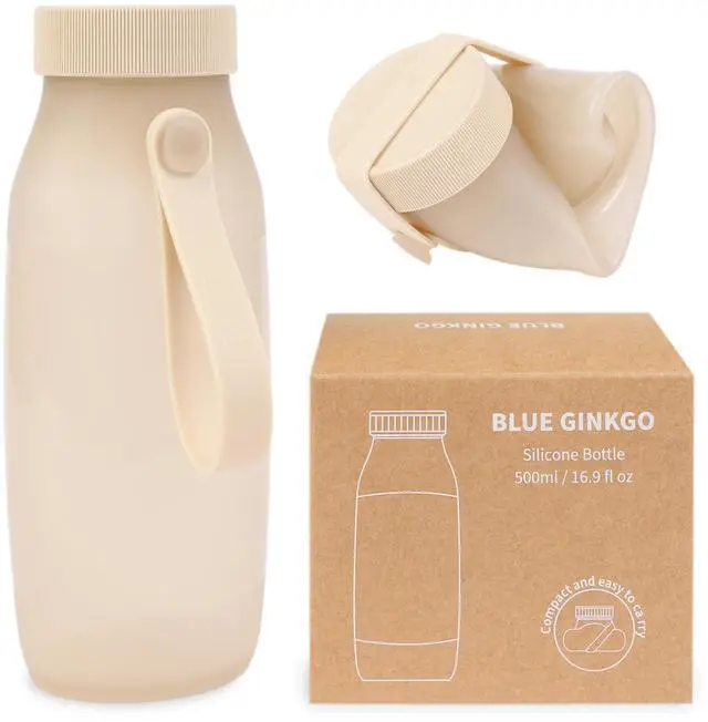 Main image of Collapsible Water Bottle Lightweight, Foldable Silicone Bottle for Travel, Hiking, and Camping (16.9oz, Made in Korea, Sand Beige)
