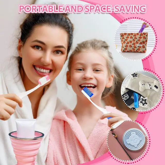 Alt view image 2 of 7 - Toothbrush Travel Case, Travel Toothbrush Silicone Collapsible Toothbrush Cup, Travel Toothbrush Set Suitable for Business Camping Travel or Daily Use (Pink)