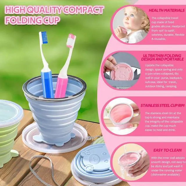 Alt view image 3 of 7 - Toothbrush Travel Case, Travel Toothbrush Silicone Collapsible Toothbrush Cup, Travel Toothbrush Set Suitable for Business Camping Travel or Daily Use (Pink)