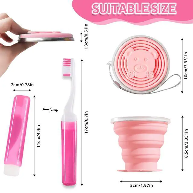 Alt view image 5 of 7 - Toothbrush Travel Case, Travel Toothbrush Silicone Collapsible Toothbrush Cup, Travel Toothbrush Set Suitable for Business Camping Travel or Daily Use (Pink)