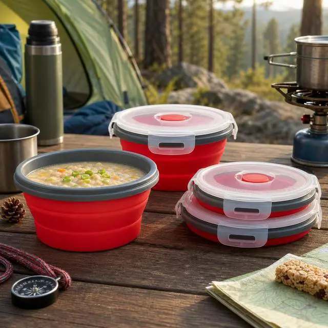 Alt view image 2 of 7 - Food-Grade Silicone Collapsible Bowls with Lids for Camping