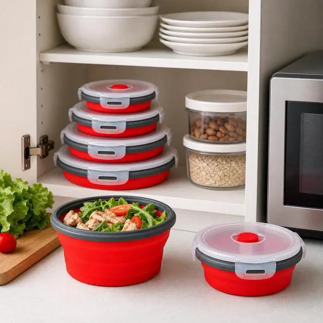 Alt view image 6 of 7 - Food-Grade Silicone Collapsible Bowls with Lids for Camping