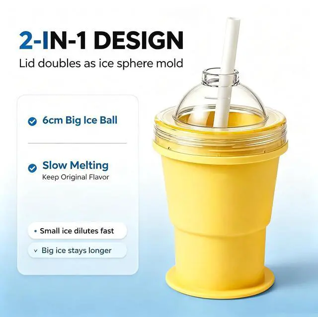 Alt view image 2 of 6 - Collapsible Silicone Ice Ball Maker Cup with Straw, Yellow