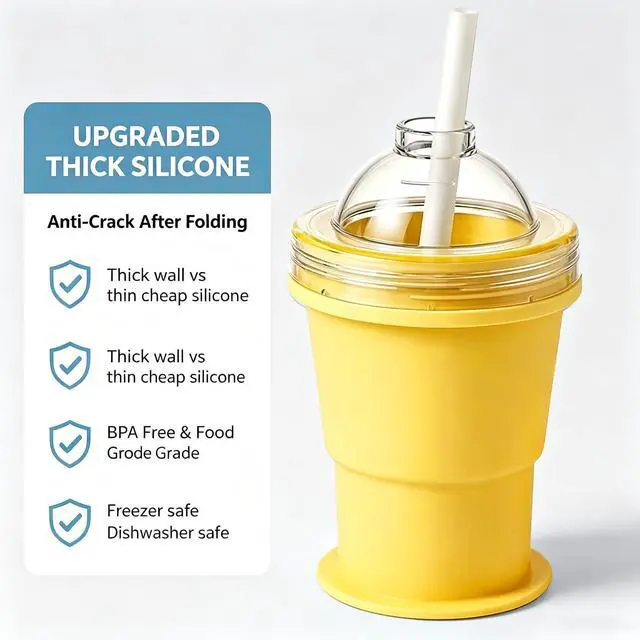 Alt view image 3 of 6 - Collapsible Silicone Ice Ball Maker Cup with Straw, Yellow