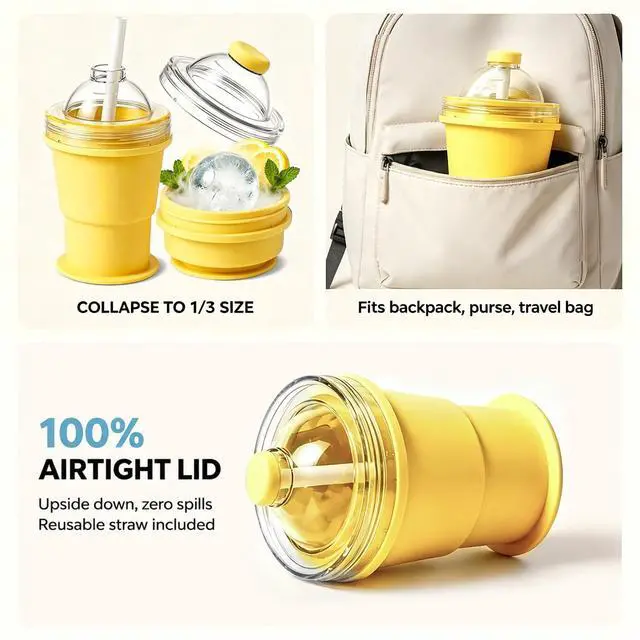 Alt view image 4 of 6 - Collapsible Silicone Ice Ball Maker Cup with Straw, Yellow