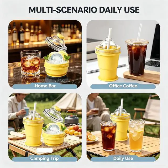 Alt view image 5 of 6 - Collapsible Silicone Ice Ball Maker Cup with Straw, Yellow