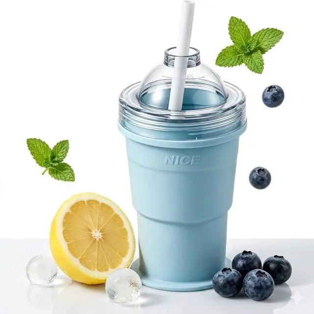 Main image of 2-in-1 Collapsible Silicone Ice Ball Maker Cup, Touch-Free Large Round Ice Sphere Mold with Straw & Leakproof Lid, Portable Travel Tumbler & Slushie Bottle (Blue)