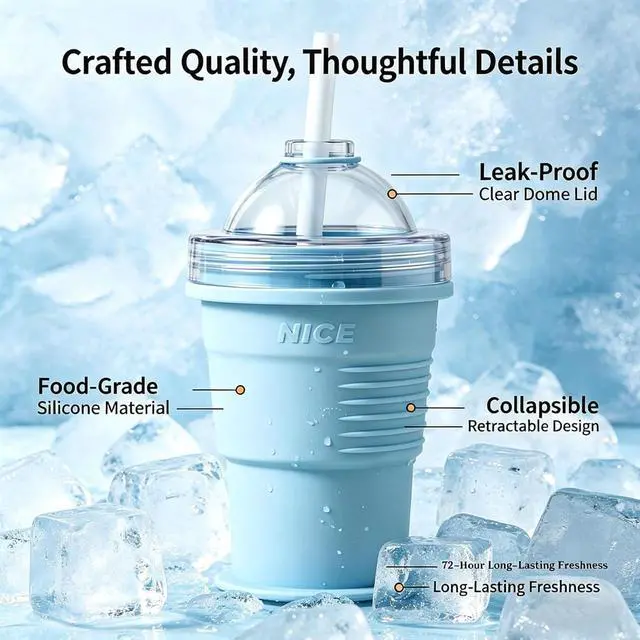 Alt view image 3 of 7 - 2-in-1 Collapsible Silicone Ice Ball Maker Cup, Touch-Free Large Round Ice Sphere Mold with Straw & Leakproof Lid, Portable Travel Tumbler & Slushie Bottle (Blue)