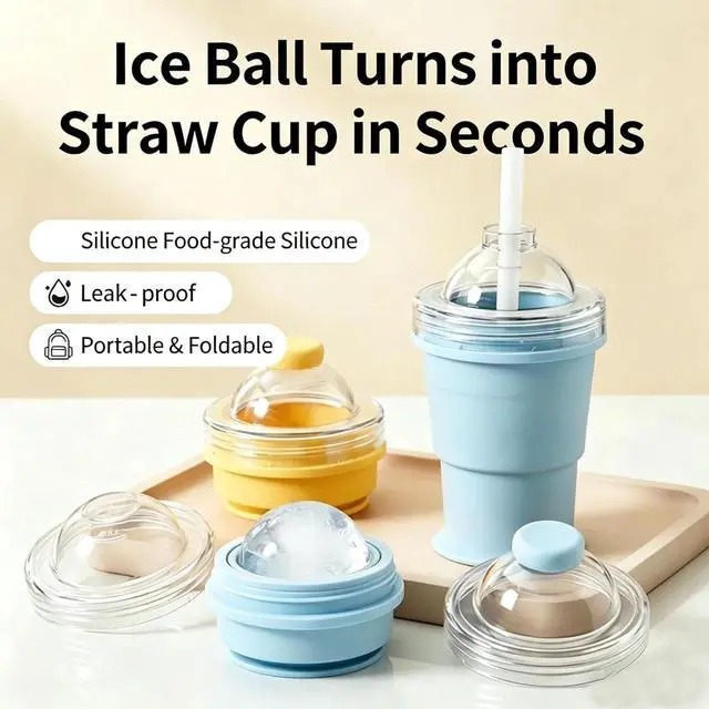 Alt view image 6 of 7 - 2-in-1 Collapsible Silicone Ice Ball Maker Cup, Touch-Free Large Round Ice Sphere Mold with Straw & Leakproof Lid, Portable Travel Tumbler & Slushie Bottle (Blue)