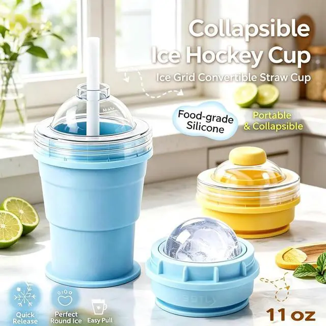 Alt view image 7 of 7 - 2-in-1 Collapsible Silicone Ice Ball Maker Cup, Touch-Free Large Round Ice Sphere Mold with Straw & Leakproof Lid, Portable Travel Tumbler & Slushie Bottle (Blue)