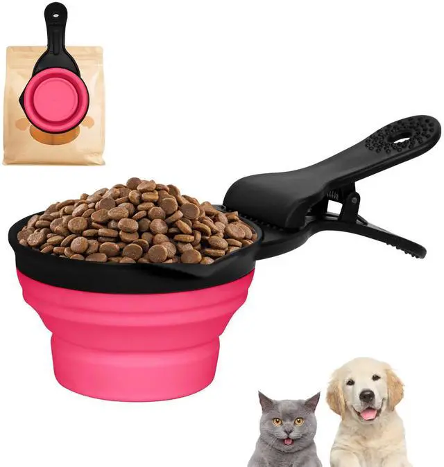 Main image of Collapsible Dog Food Scoop Foldable Pet Food Bag Clip 3 in 1 Multi-function Silicone Cat Food Measuring Cup Scoop Dog Food Scooper Pet Food Storage Clip (Rose Red, 1 Cup Capacity(1 Pack))