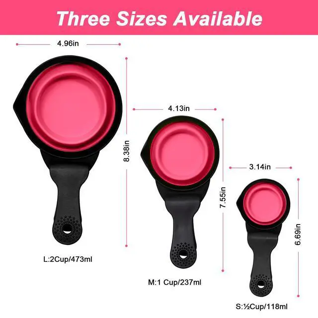Alt view image 3 of 7 - Collapsible Dog Food Scoop Foldable Pet Food Bag Clip 3 in 1 Multi-function Silicone Cat Food Measuring Cup Scoop Dog Food Scooper Pet Food Storage Clip (Rose Red, 1 Cup Capacity(1 Pack))