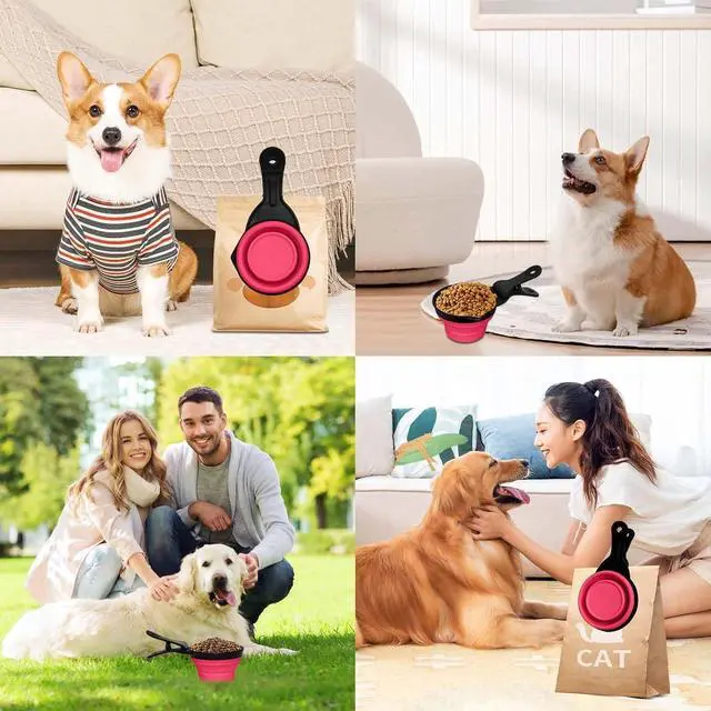 Alt view image 6 of 7 - Collapsible Dog Food Scoop Foldable Pet Food Bag Clip 3 in 1 Multi-function Silicone Cat Food Measuring Cup Scoop Dog Food Scooper Pet Food Storage Clip (Rose Red, 1 Cup Capacity(1 Pack))