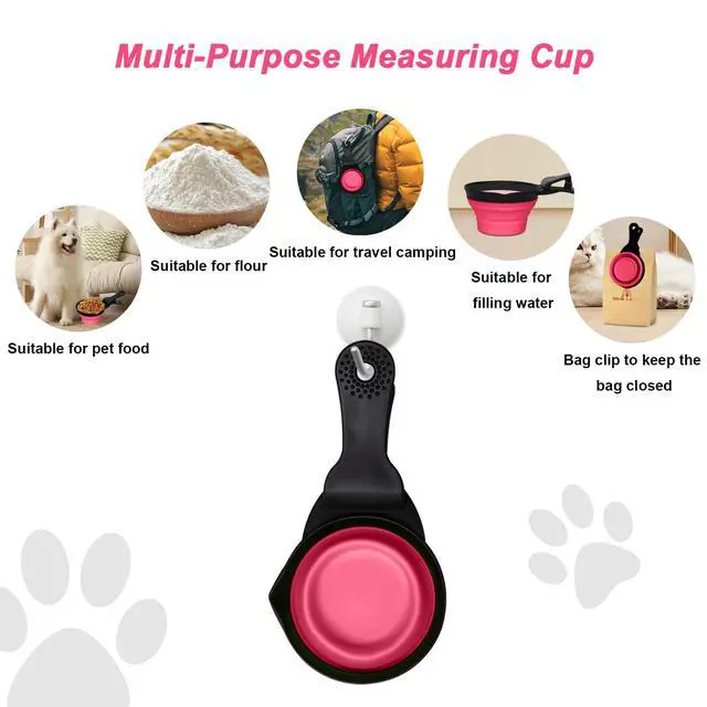 Alt view image 5 of 7 - Collapsible Dog Food Scoop Foldable Pet Food Bag Clip 3 in 1 Multi-function Silicone Cat Food Measuring Cup Scoop Dog Food Scooper Pet Food Storage Clip (Rose Red, 1 Cup Capacity(1 Pack))