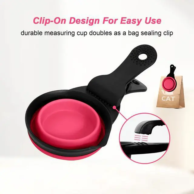 Alt view image 7 of 7 - Collapsible Dog Food Scoop Foldable Pet Food Bag Clip 3 in 1 Multi-function Silicone Cat Food Measuring Cup Scoop Dog Food Scooper Pet Food Storage Clip (Rose Red, 1 Cup Capacity(1 Pack))