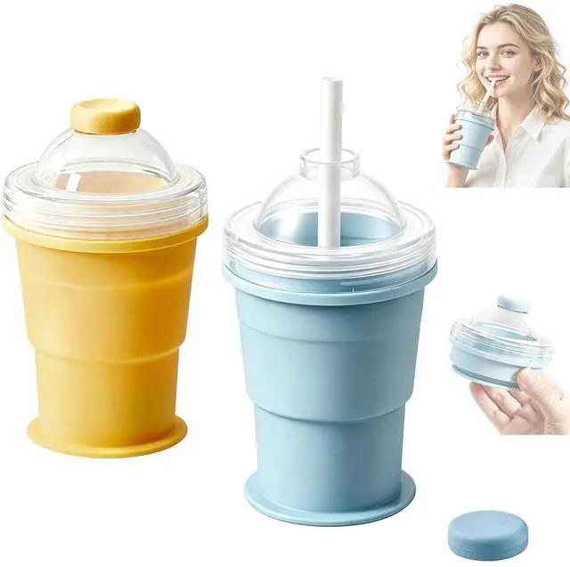 Main image of 2-in-1 Collapsible Silicone Ice Ball Maker Cup, Portable Ice Cube Bottle with Straw & Lid, Foldable Ice Mold Cup, Leakproof Travel Tumbler for Iced Coffee, Juice & Summer Drinks-2PCS(Yellow+Blue)