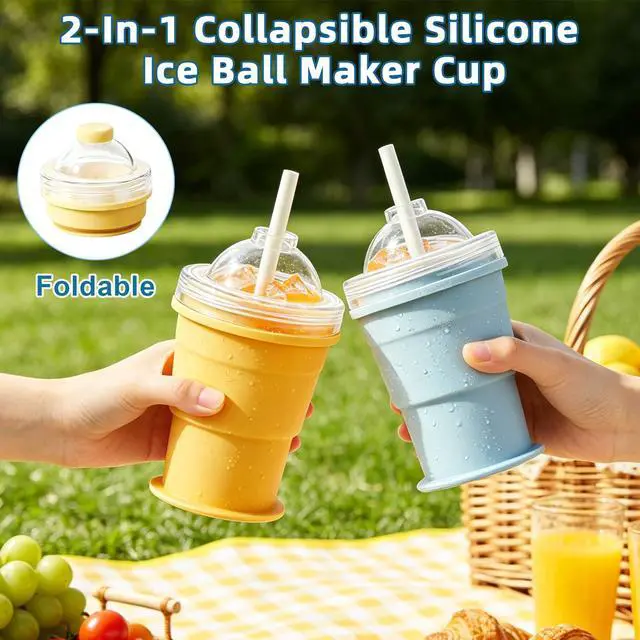Alt view image 3 of 7 - 2-in-1 Collapsible Silicone Ice Ball Maker Cup, Portable Ice Cube Bottle with Straw & Lid, Foldable Ice Mold Cup, Leakproof Travel Tumbler for Iced Coffee, Juice & Summer Drinks-2PCS(Yellow+Blue)