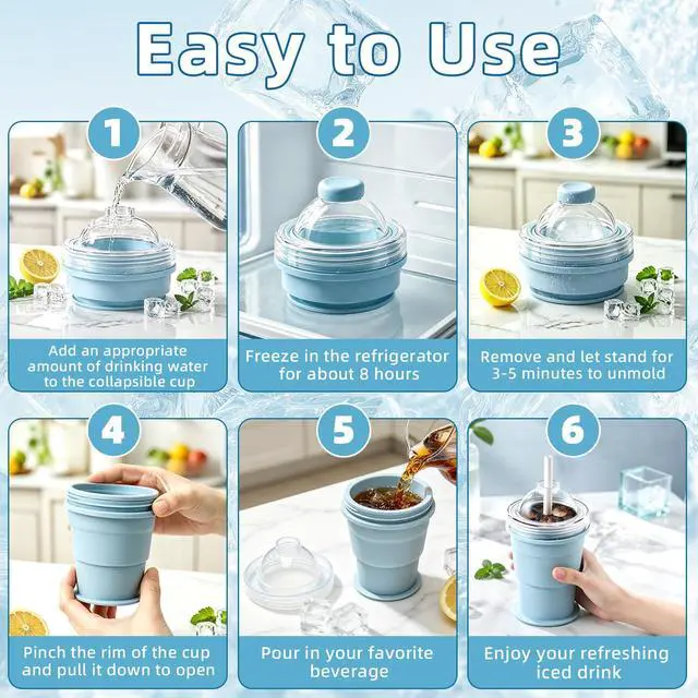 Alt view image 6 of 7 - 2-in-1 Collapsible Silicone Ice Ball Maker Cup, Portable Ice Cube Bottle with Straw & Lid, Foldable Ice Mold Cup, Leakproof Travel Tumbler for Iced Coffee, Juice & Summer Drinks-2PCS(Yellow+Blue)