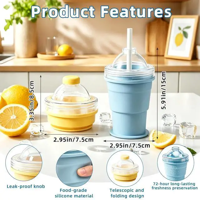 Alt view image 4 of 7 - 2-in-1 Collapsible Silicone Ice Ball Maker Cup, Portable Ice Cube Bottle with Straw & Lid, Foldable Ice Mold Cup, Leakproof Travel Tumbler for Iced Coffee, Juice & Summer Drinks-2PCS(Yellow+Blue)