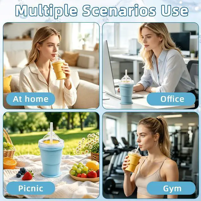 Alt view image 5 of 7 - 2-in-1 Collapsible Silicone Ice Ball Maker Cup, Portable Ice Cube Bottle with Straw & Lid, Foldable Ice Mold Cup, Leakproof Travel Tumbler for Iced Coffee, Juice & Summer Drinks-2PCS(Yellow+Blue)