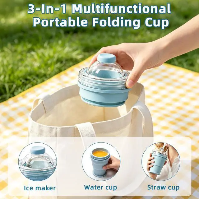 Alt view image 7 of 7 - 2-in-1 Collapsible Silicone Ice Ball Maker Cup, Portable Ice Cube Bottle with Straw & Lid, Foldable Ice Mold Cup, Leakproof Travel Tumbler for Iced Coffee, Juice & Summer Drinks-2PCS(Yellow+Blue)