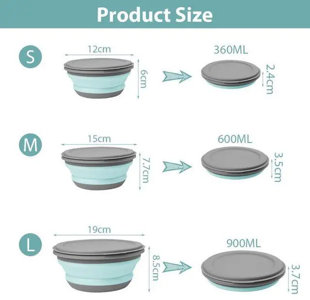Alt view image 2 of 7 - Collapsible Camping Bowl Sets, Portable Silicone Bowl with Lid, Folding Bowl, Portable Salad Bowl, Folding Lunch Box for Camping, Kitchen, Hiking