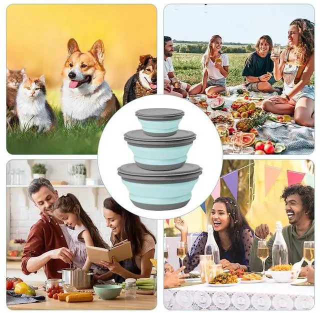 Alt view image 6 of 7 - Collapsible Camping Bowl Sets, Portable Silicone Bowl with Lid, Folding Bowl, Portable Salad Bowl, Folding Lunch Box for Camping, Kitchen, Hiking