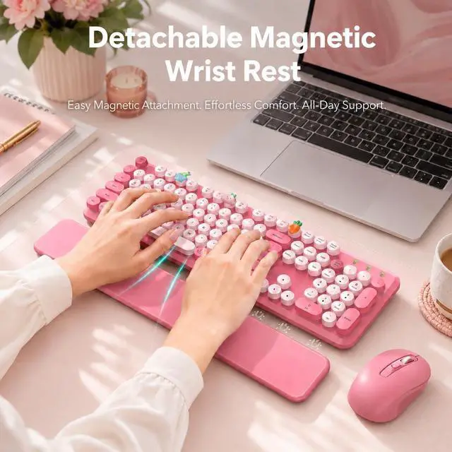 Alt view image 3 of 7 - Wireless Keyboard and Mouse Combo, Round Keycaps, Magnetic Wrist Rest, Pink
