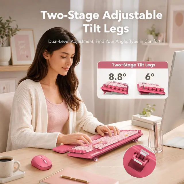 Alt view image 4 of 7 - Wireless Keyboard and Mouse Combo, Round Keycaps, Magnetic Wrist Rest, Pink