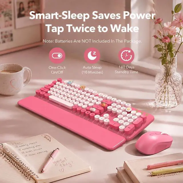 Alt view image 5 of 7 - Wireless Keyboard and Mouse Combo, Round Keycaps, Magnetic Wrist Rest, Pink