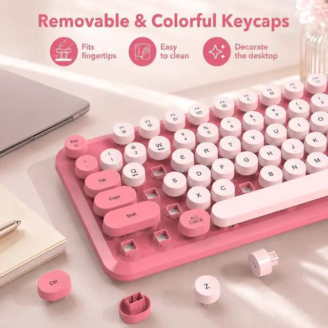 Alt view image 6 of 7 - Wireless Keyboard and Mouse Combo, Round Keycaps, Magnetic Wrist Rest, Pink