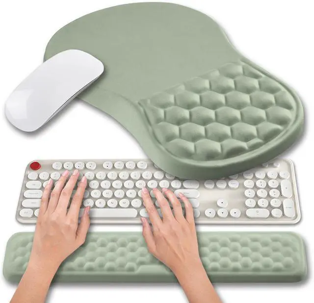 Main image of Ergonomic Mouse Pad Wrist Support & Wrist Rest for Computer Keyboard Set, with Relieve Carpal Tunnel Pain Massage Bulge and Full Memory Gel Design (2In1 Set, Light Green)