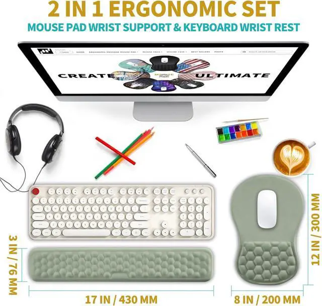 Alt view image 2 of 6 - Ergonomic Mouse Pad Wrist Support & Wrist Rest for Computer Keyboard Set, with Relieve Carpal Tunnel Pain Massage Bulge and Full Memory Gel Design (2In1 Set, Light Green)
