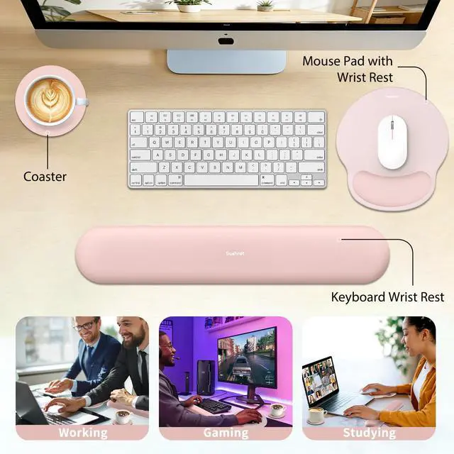 Alt view image 6 of 7 - Mouse Pad and Keyboard Wrist Rest, 3-in-1 Gel Memory Foam Ergonomic Mouse Pad with Wrist Rest Set, Gaming Mousepad Arm Cushion Support for Computer Office Desk Accessories Cute Setup, Pink