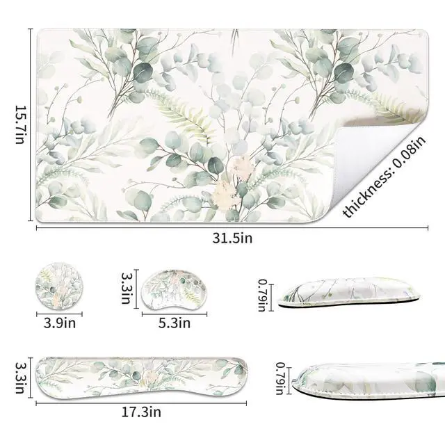 Alt view image 3 of 7 - Leather Desk Mat Set, 4-in-1 Ergonomic Wrist Rest, Eucalyptus Leaf