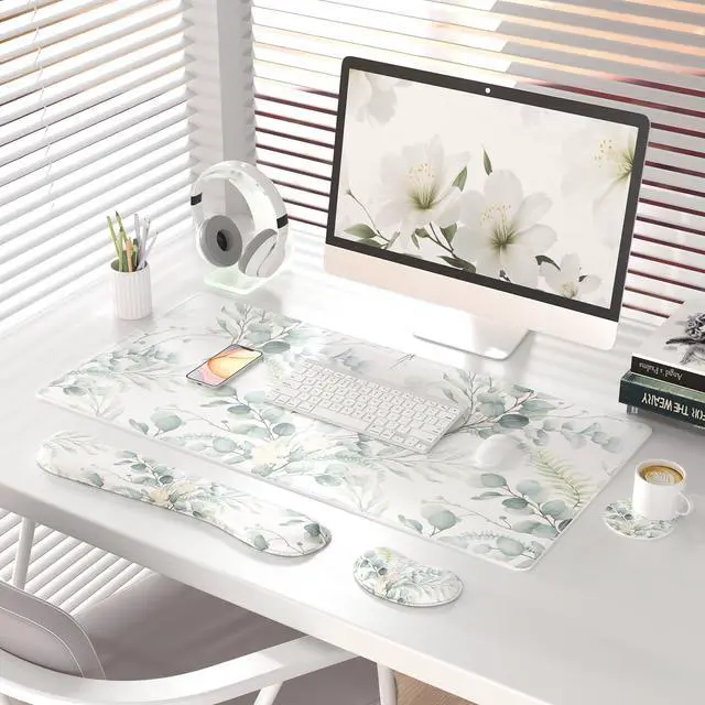 Alt view image 2 of 7 - Leather Desk Mat Set, 4-in-1 Ergonomic Wrist Rest, Eucalyptus Leaf