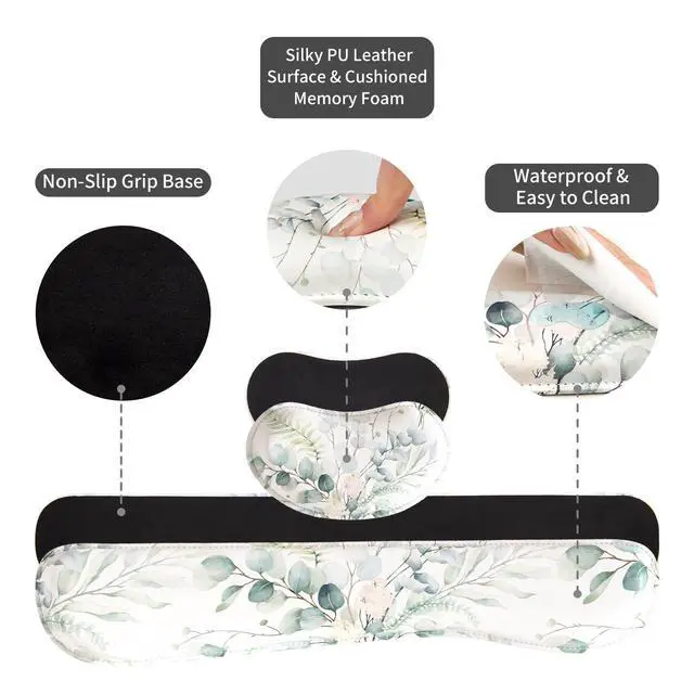 Alt view image 6 of 7 - Leather Desk Mat Set, 4-in-1 Ergonomic Wrist Rest, Eucalyptus Leaf