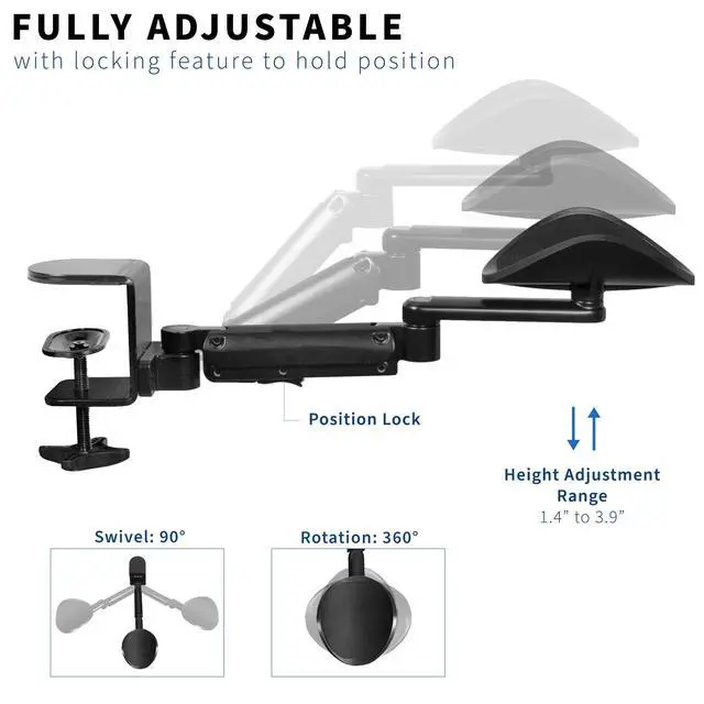 Alt view image 3 of 7 - Clamp-on Adjustable Armrests, Universal Desk Cradle 360° Rotating Elbow Platform, Arm Support Steel Base Table Extension, Black, MOUNT-ARM02P