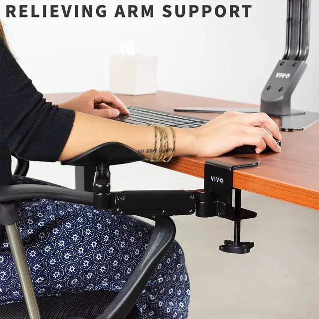 Alt view image 4 of 7 - Clamp-on Adjustable Armrests, Universal Desk Cradle 360° Rotating Elbow Platform, Arm Support Steel Base Table Extension, Black, MOUNT-ARM02P